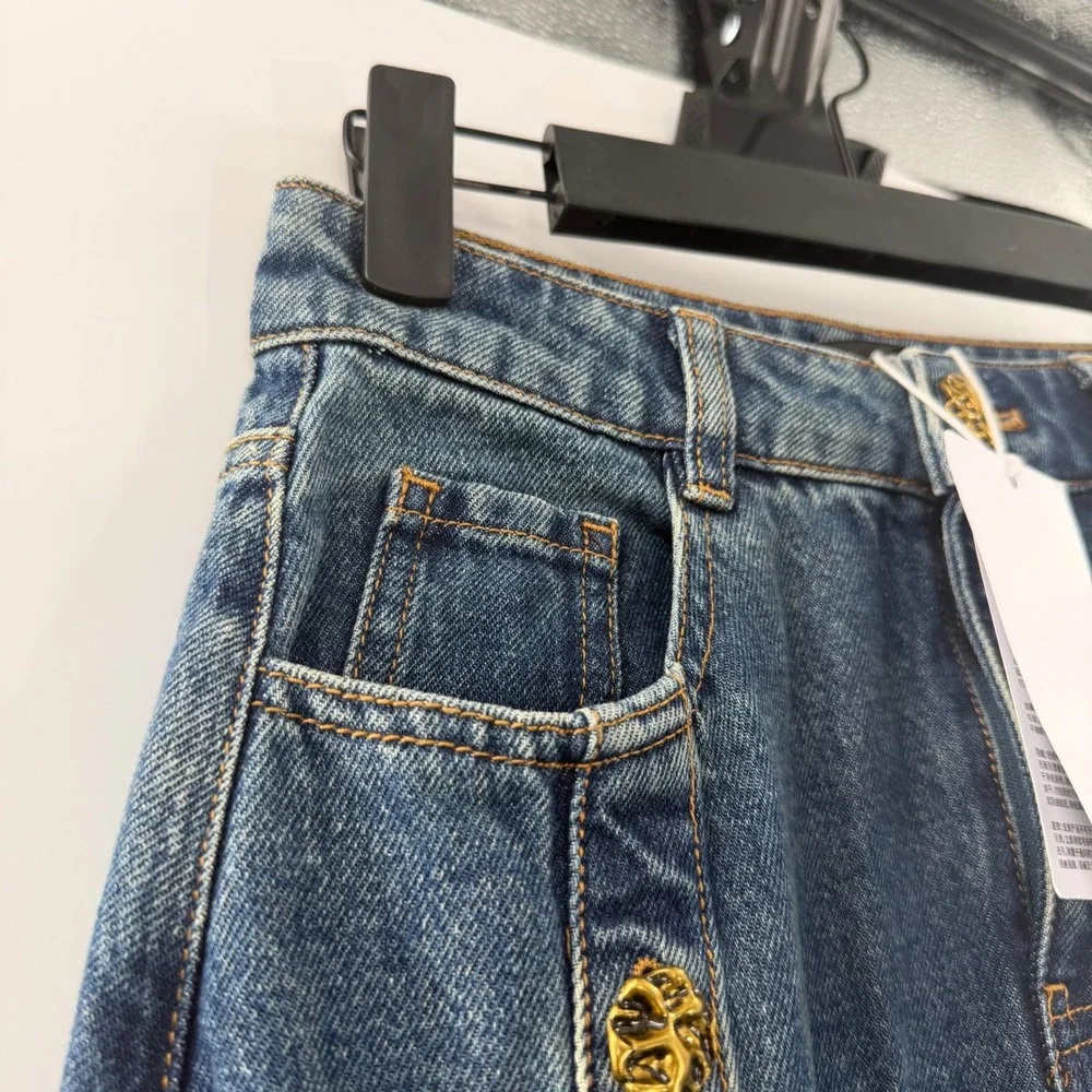 Urban Revivo Blue Denim Maxi Skirt Gold Ornate Button Front A-Line NWT Size US 2 - Picture 10 of 10